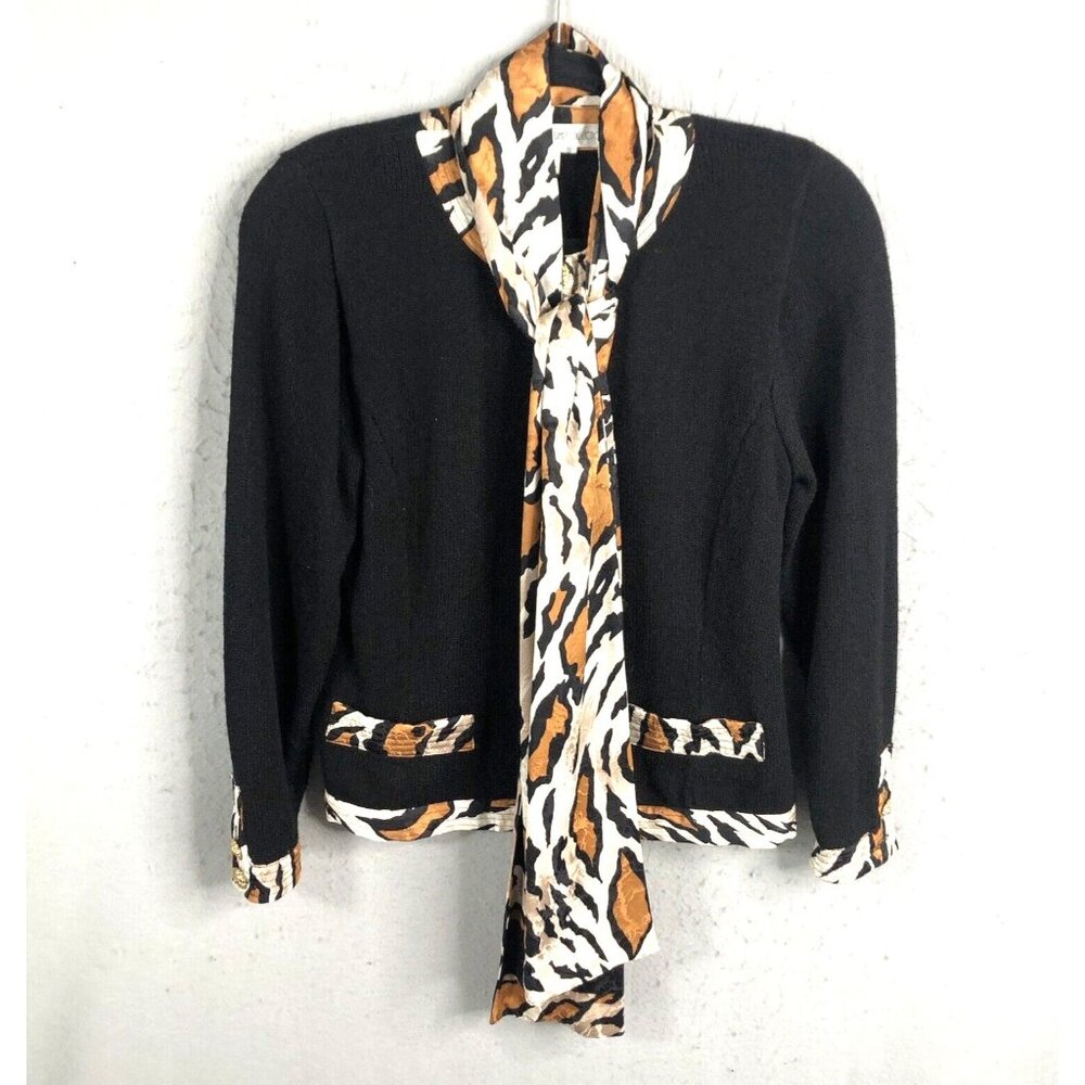 Vintage Anne Crimmins Sweater Womens Small Black Cheetah Print Old Money 80s